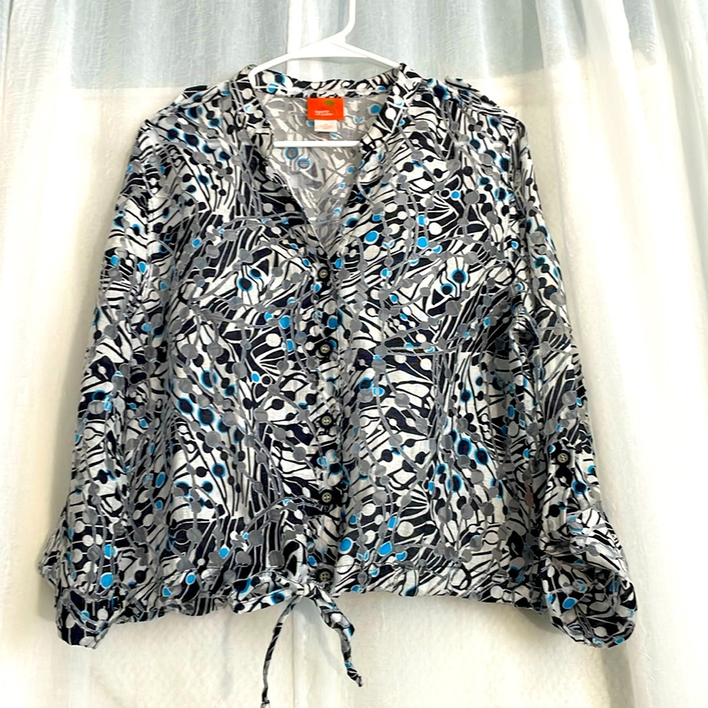 Hearts of Palm lightweight summer almost sheer top black/ blue /white Size 16
